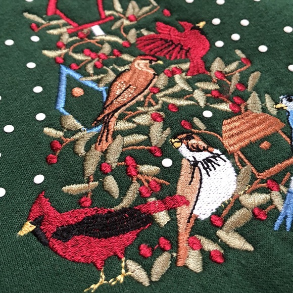 90’s Bird Christmas Sweatshirt Vintage Hunter Green Size Large - Picture 3 of 7